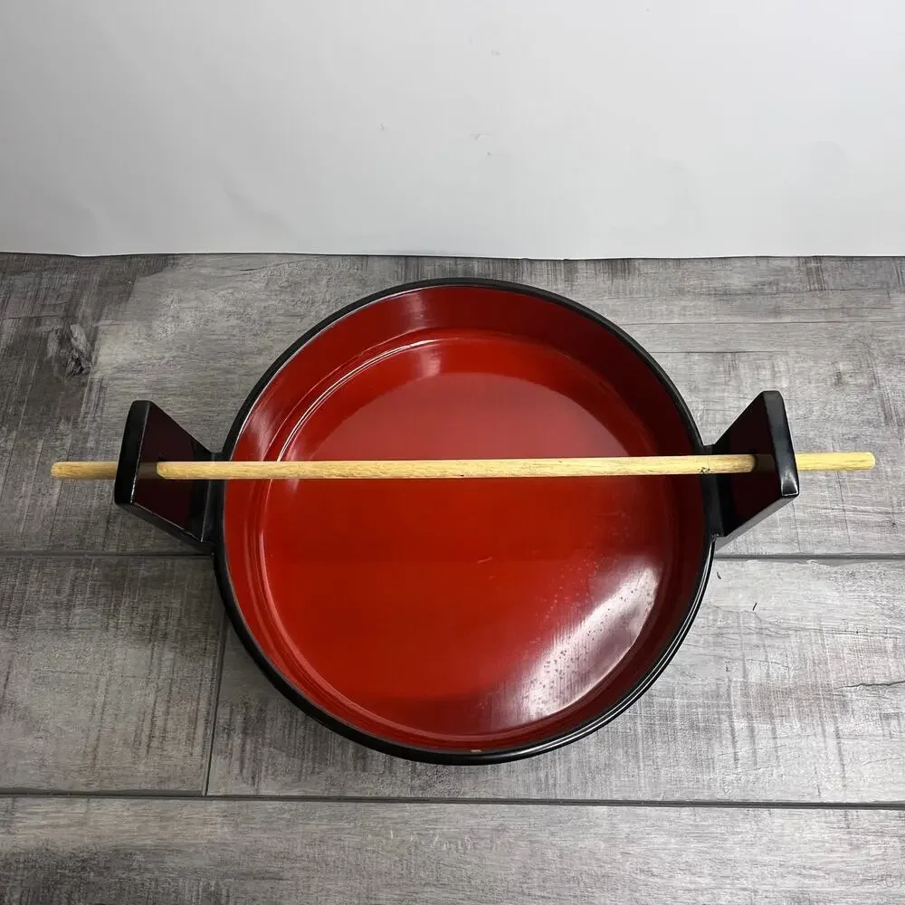 Vintage Asian Red Black Laquer Sushi Bamboo Plate Bento Box Set